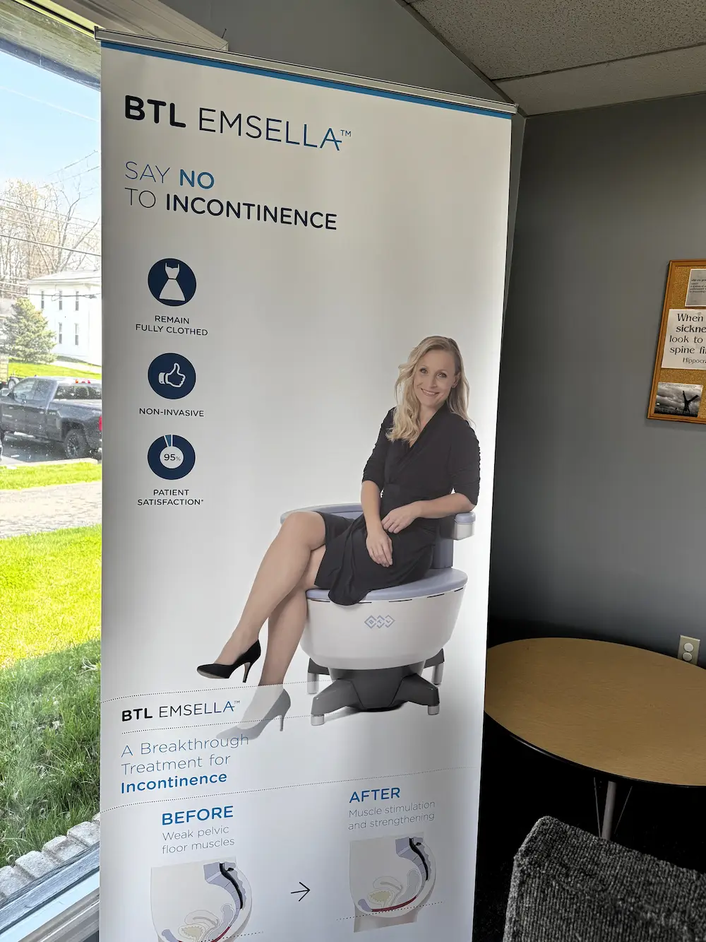 A BTL EMSELLA banner showing a woman sitting on the device, promoting a non-invasive treatment for incontinence with diagrams of pelvic floor strengthening.