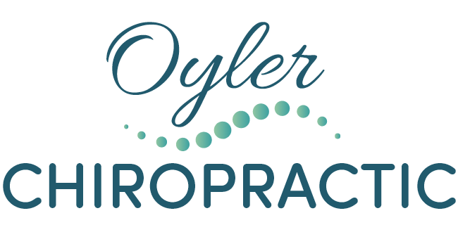 Oyler Chiropractic logo with teal-blue cursive text, a curved line of dots, and bold sans-serif text on a black background.